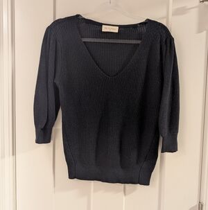 78&Sunny Navy V-Neck Open Stitch Puff Sleeve Sweater